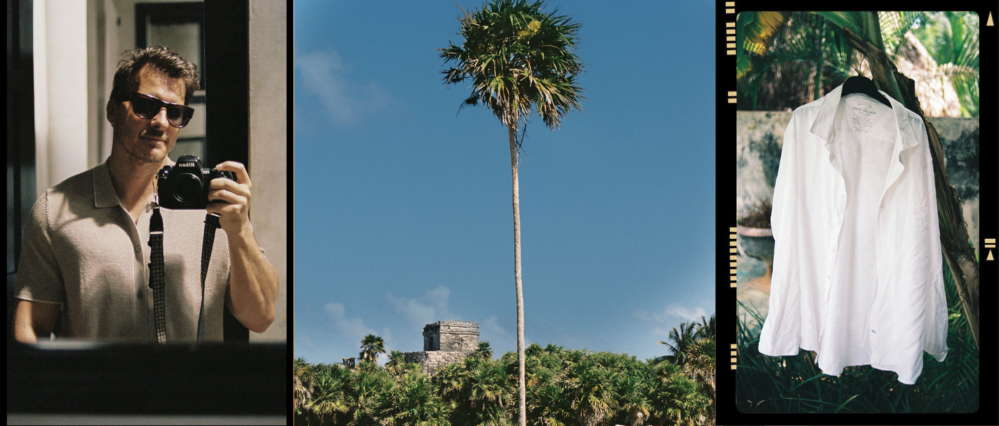 Image of a man taking a mirror selfie with a camera, a tall palm tree and a tech linen button up in bright white color