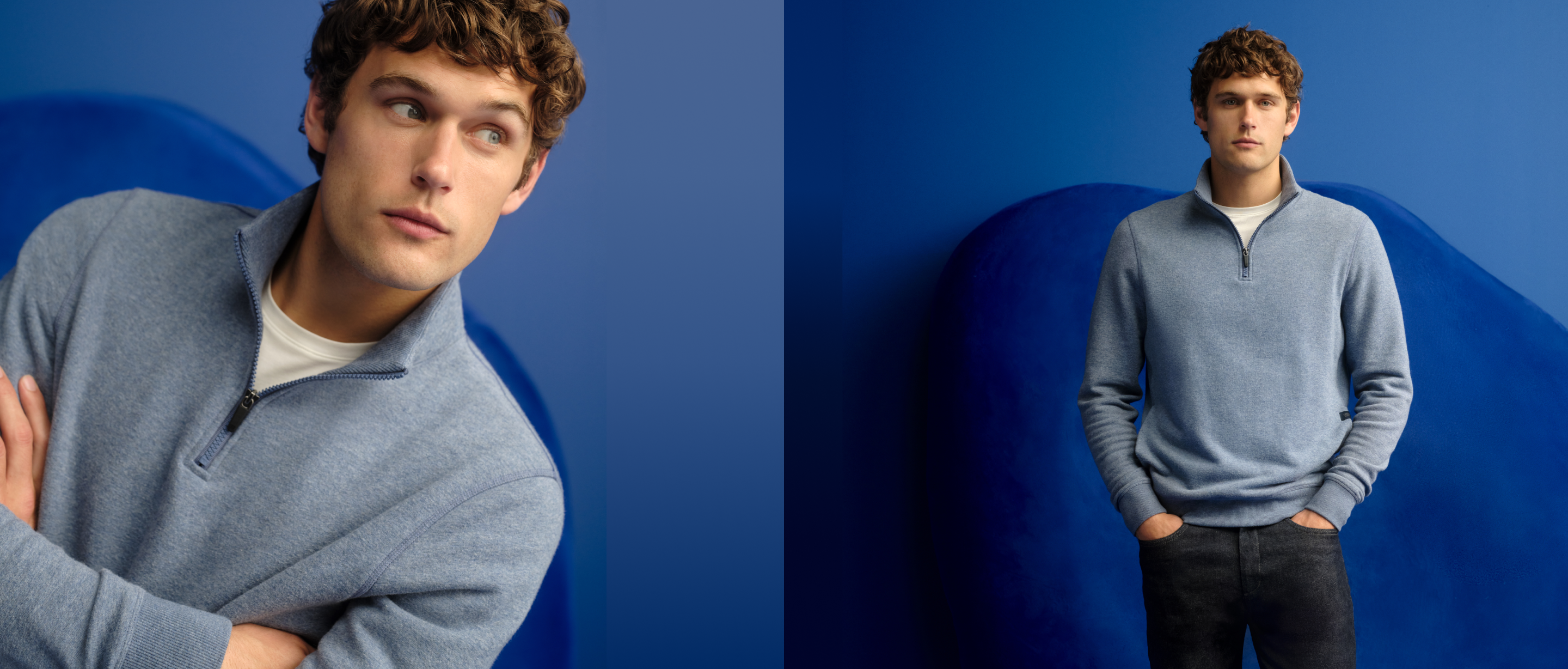 two side by side images of a man wearing Mack Weldon jean and a blue ACE half zip