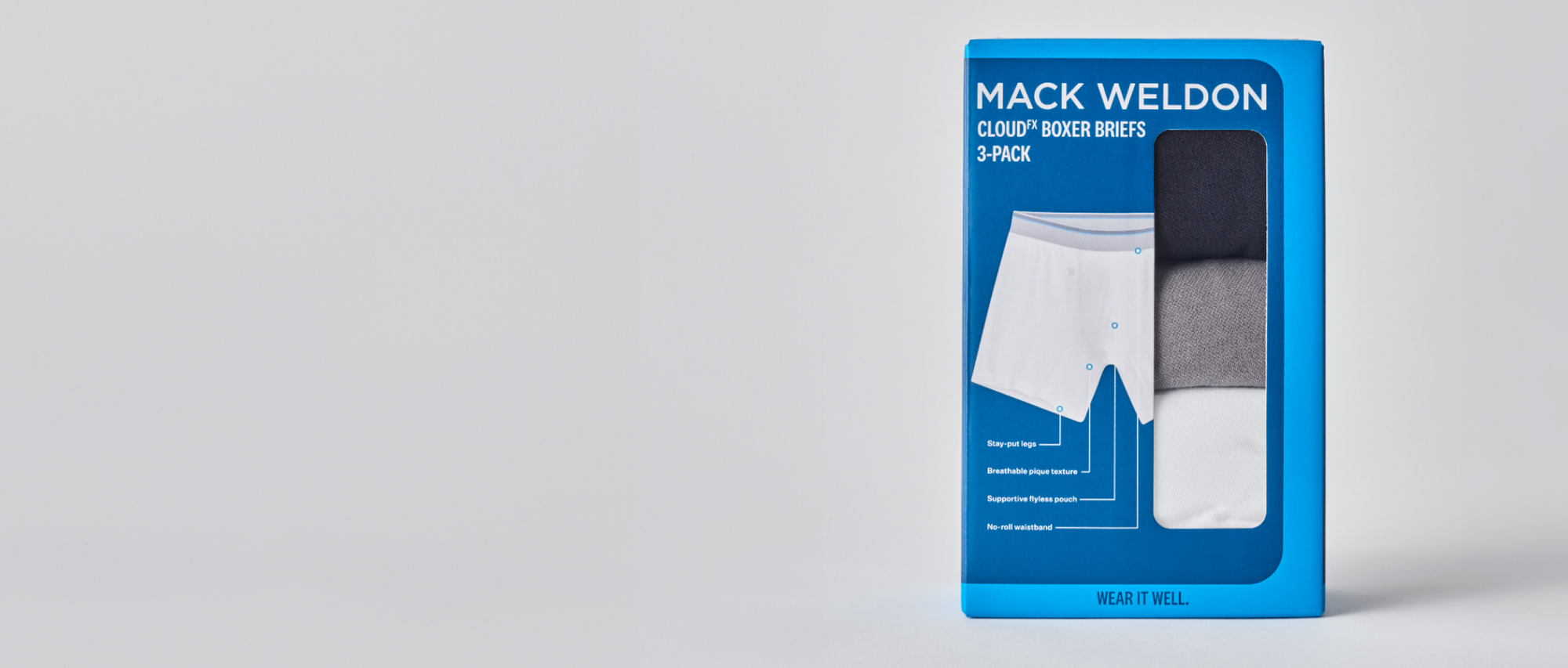 Image of the "MACK WELDON - CLOUDFX BOXER BRIEFS 3-PACK" package with a grey backdrop