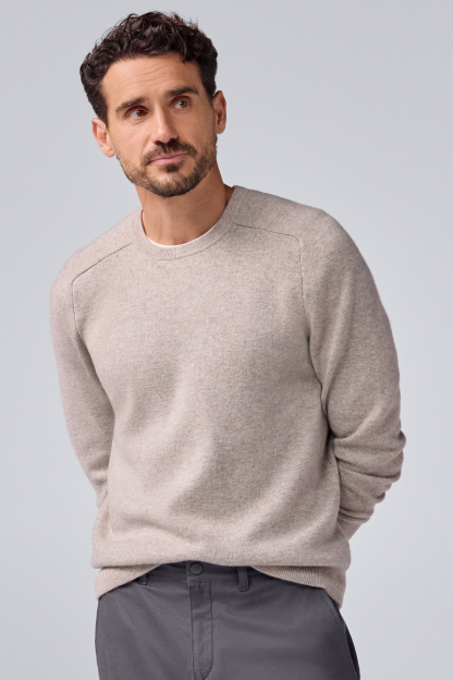 Man wearing Tech Cashmere Crew Neck Sweater in Shroom Marl