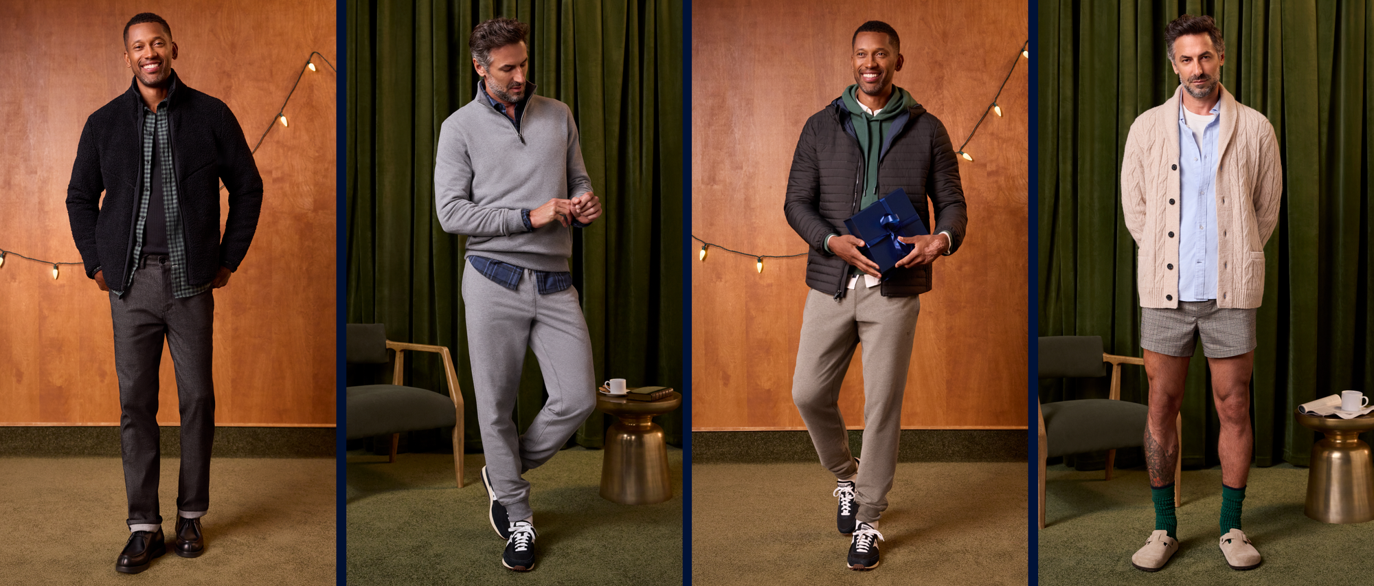 Four different poses of a man in various outfits against a neutral background