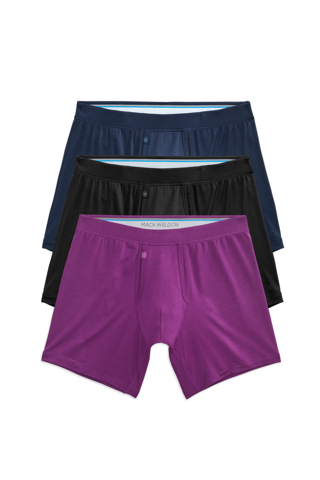Front view of 3 pack Silver HD Boxer Brief in Purple Rain