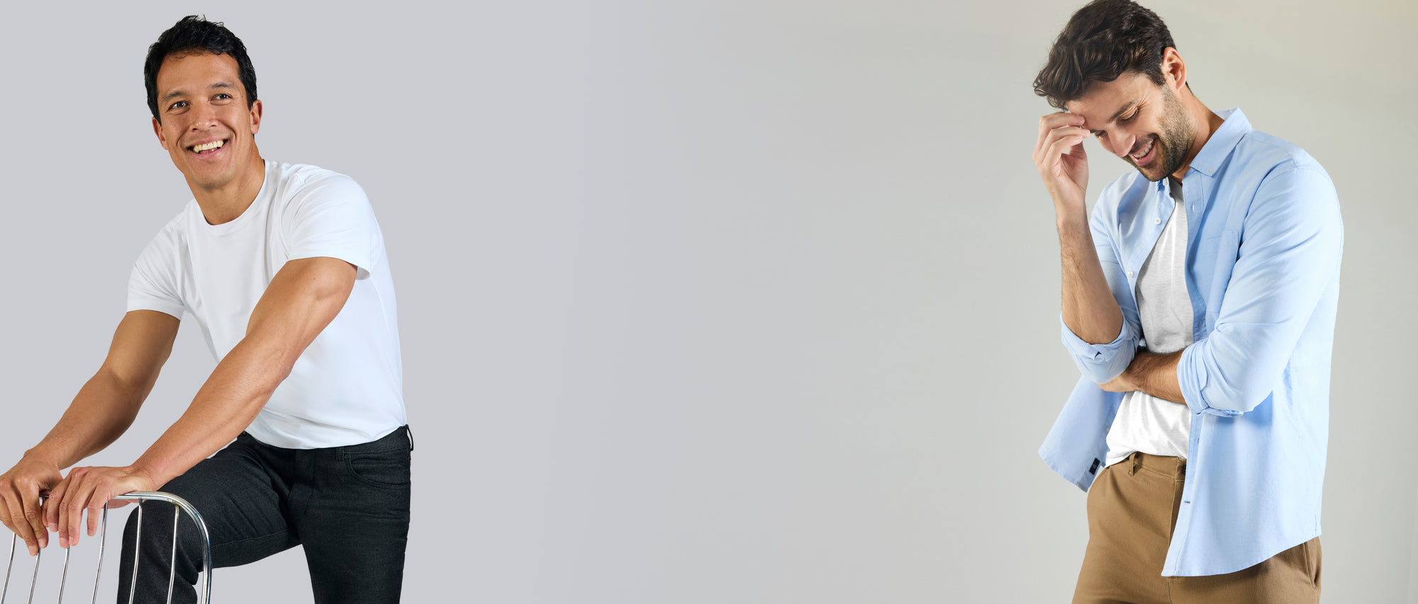 Two men wearing Mack Weldon New Styles, Stretch Twill Chino - Slim Fit and SILVER Crew Neck T-Shirt 