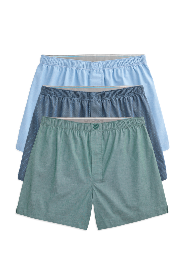 Front view of 3 packs 24/7 woven boxer in Connect the Dots
