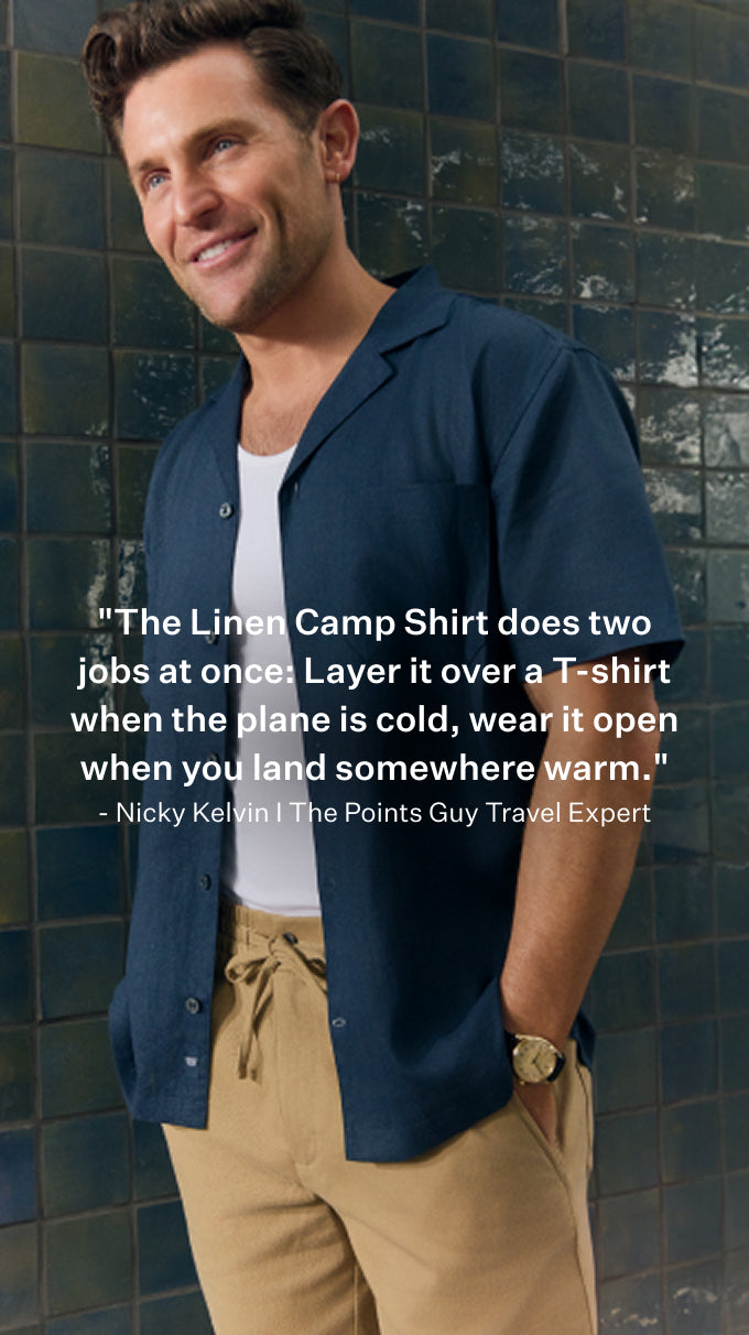 Man wearing Linen Camp Shirt in True Navy