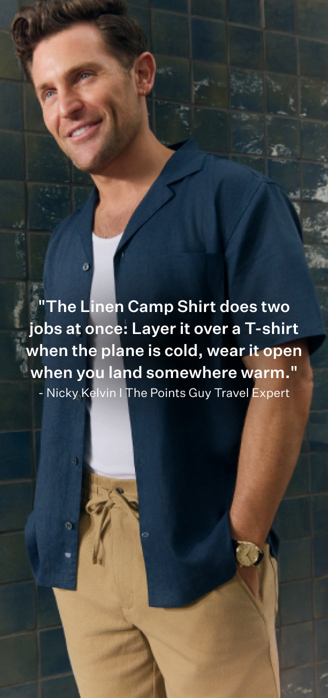 Man wearing Linen Camp Shirt in True Navy