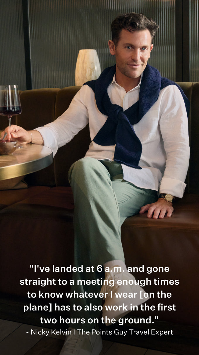 
Man wearing Linen Button Up in Bright White and Linen Drawstring Pant in Cactus