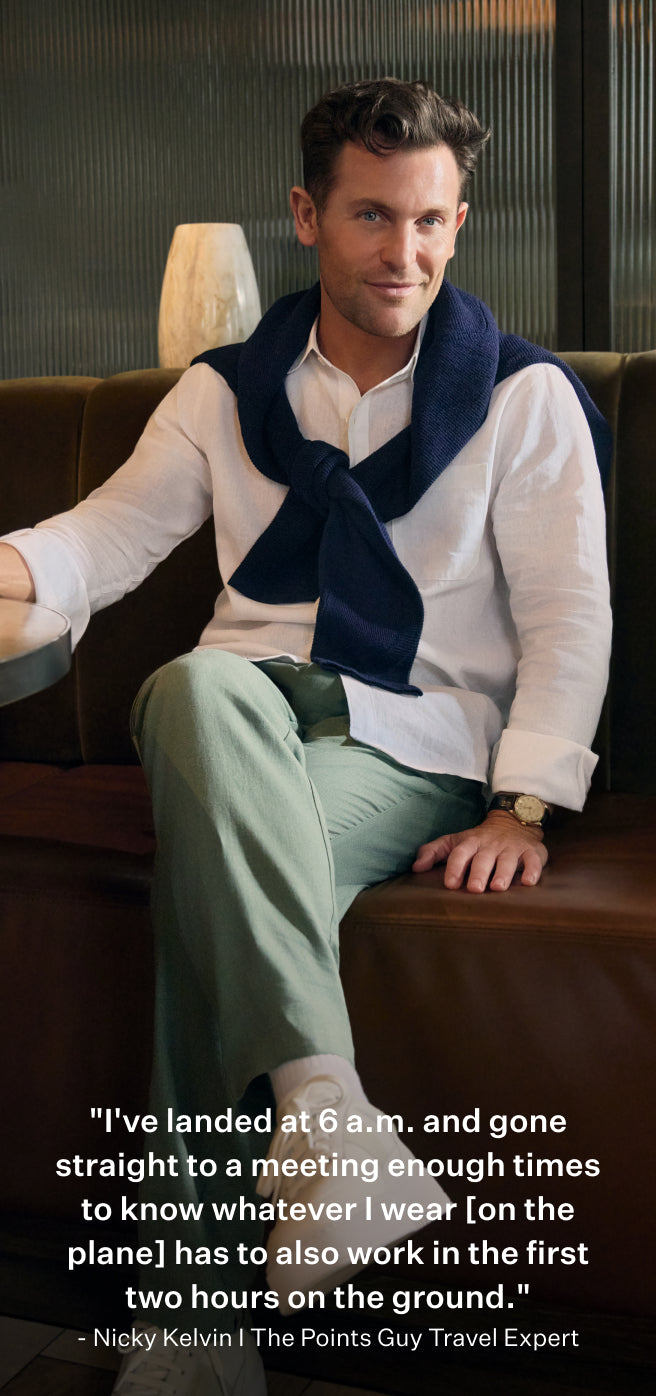 Man wearing Linen Button Up in Bright White and Linen Drawstring Pant in Cactus