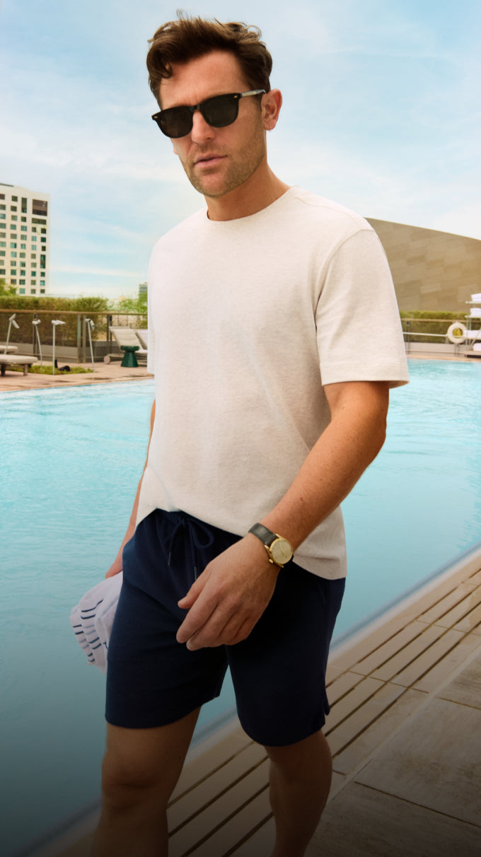 Man in shades wearing Linen Jersey Crew Neck T-Shirt