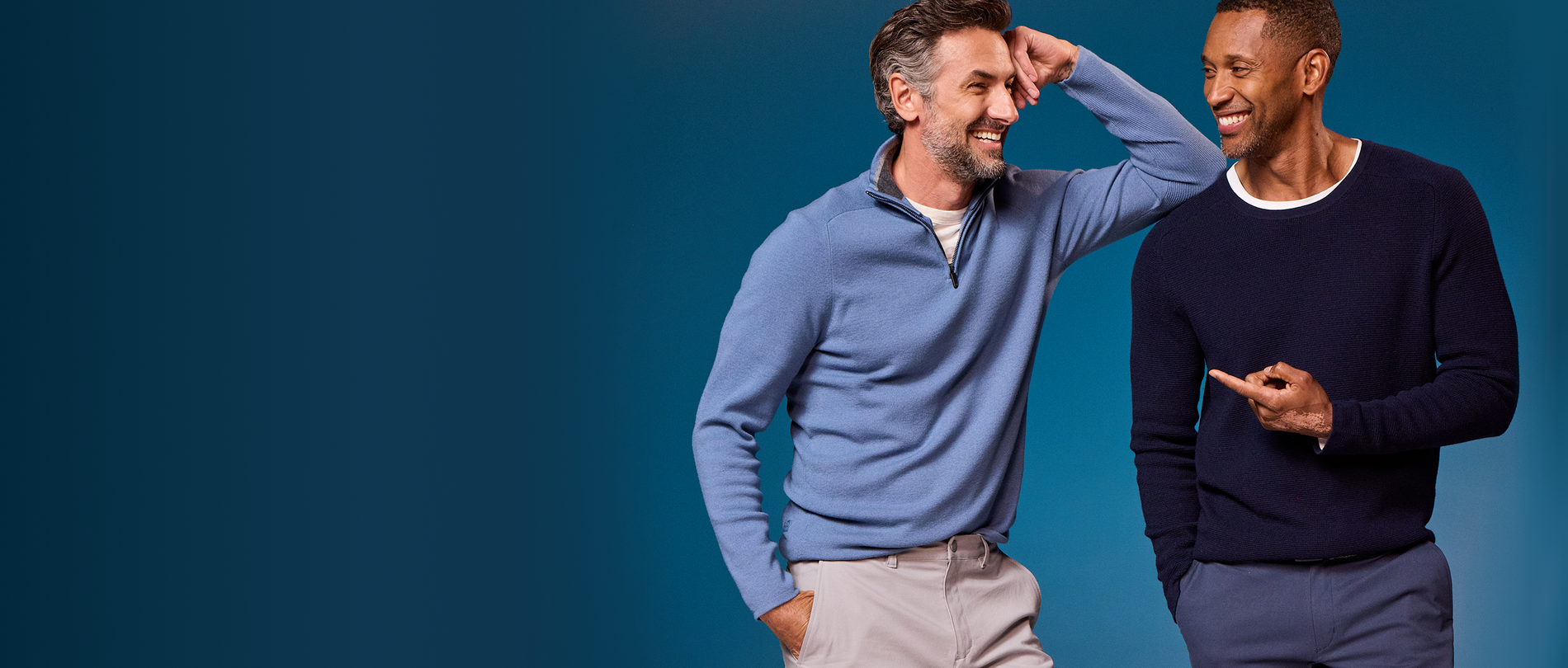 Two men wearing Tech merino Quarter Zip and Tech Merino Waffle Crew Neck Sweater