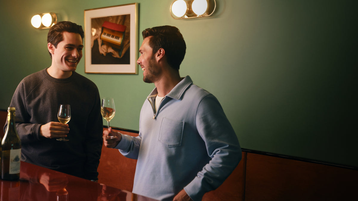 Two men wearing Vintage French Terry Crew Neck Sweatshirt and Vintage French Terry Quarter Zip