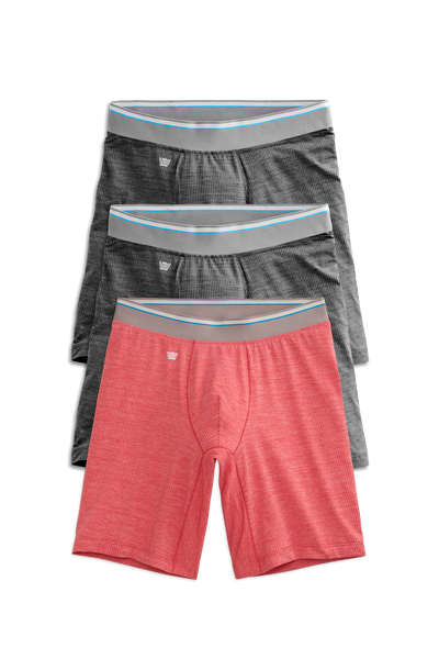 Front view of 3 pack Airknitx 8" Boxer Briefs in Jelly Roll & Charcoal
