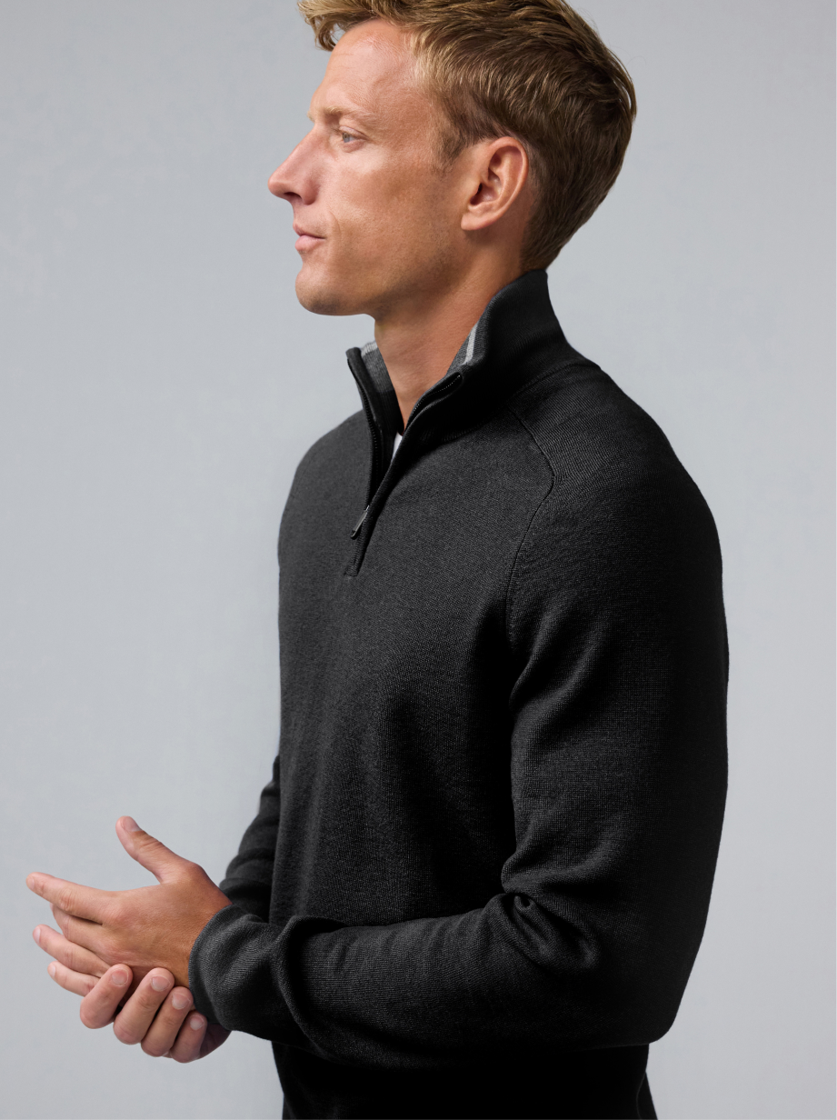 Person in profile wearing a dark half-zip sweater with a high collar, set against a gray background.