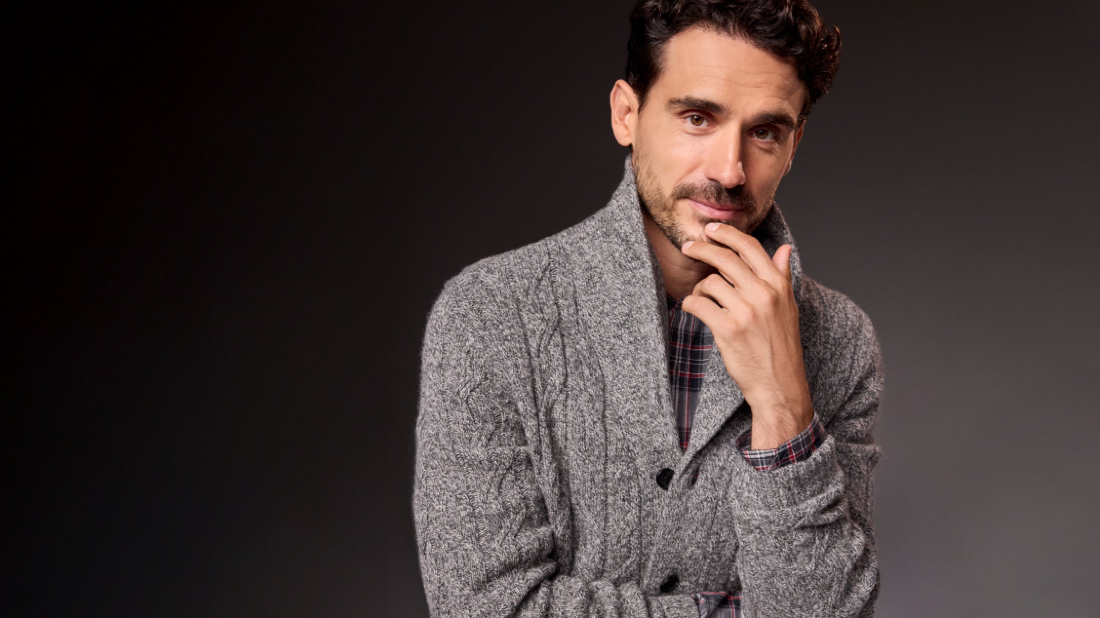 Man wearing Warmknit Wool Cardigan in Salt & Pepper color