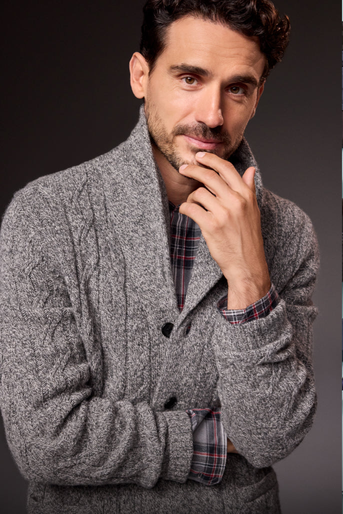 Man wearing Warmknit Wool Cardigan in Salt & Pepper color