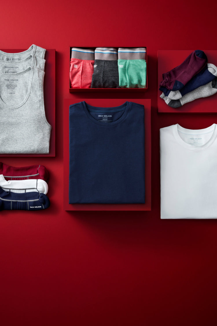 Laydown of Mack Weldon Holiday Gift Shop products