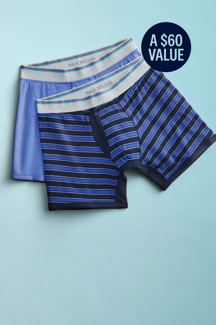 Laydown of 2-pack 18 hour jersey boxer brief in new colors with a $60 mark price.