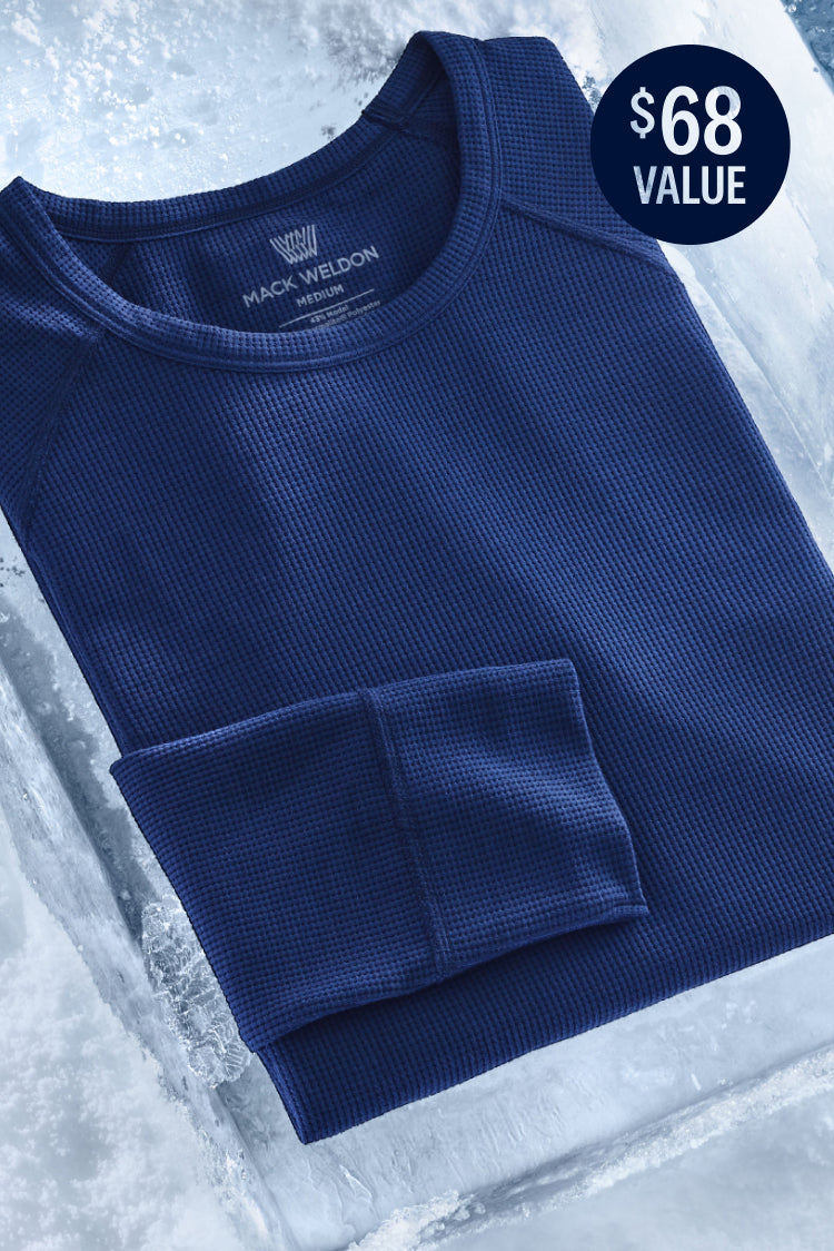 Laydown view of the WARMKNIT Waffle Long Sleeve Shirt in True Navy with a highlight spot for the $68 dollar value of the shirt 
