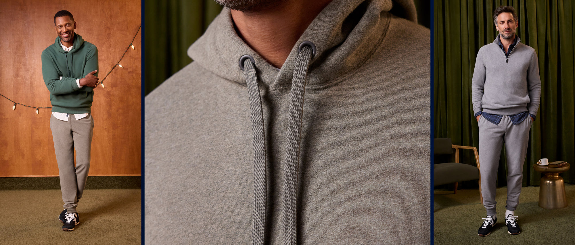 Two men wearing two different apparel of Mack weldon. 