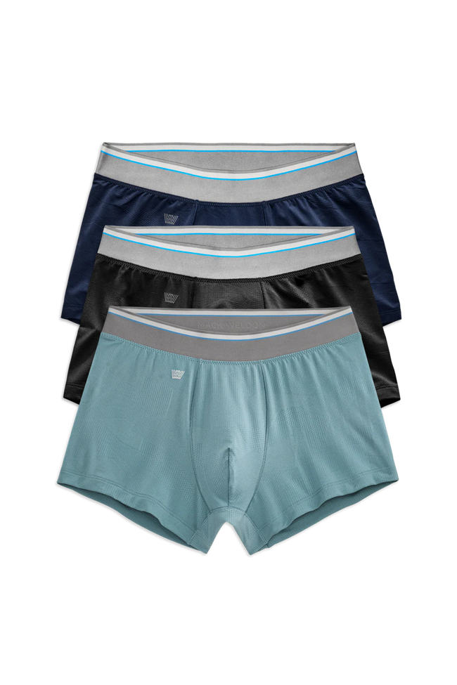Front view of 3-Pack AIRKNITˣ Trunks in Black & Blue