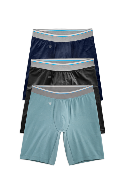 Front view of 3 Pack AIRKNITx 8in Boxer Brief in Black & Blue