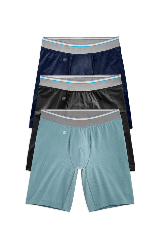 Front view of 3 Pack AIRKNITx 8in Boxer Brief in Black & Blue