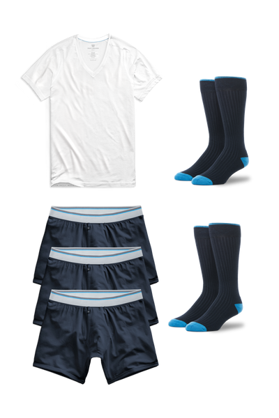 Front laydown of 18-Hour Essentials pack that includes an 18-Hour V-Neck Undershirt, 3 Pairs of 18-Hour Boxer Briefs and 2 Pairs of Everyday Extended Crew Socks 
