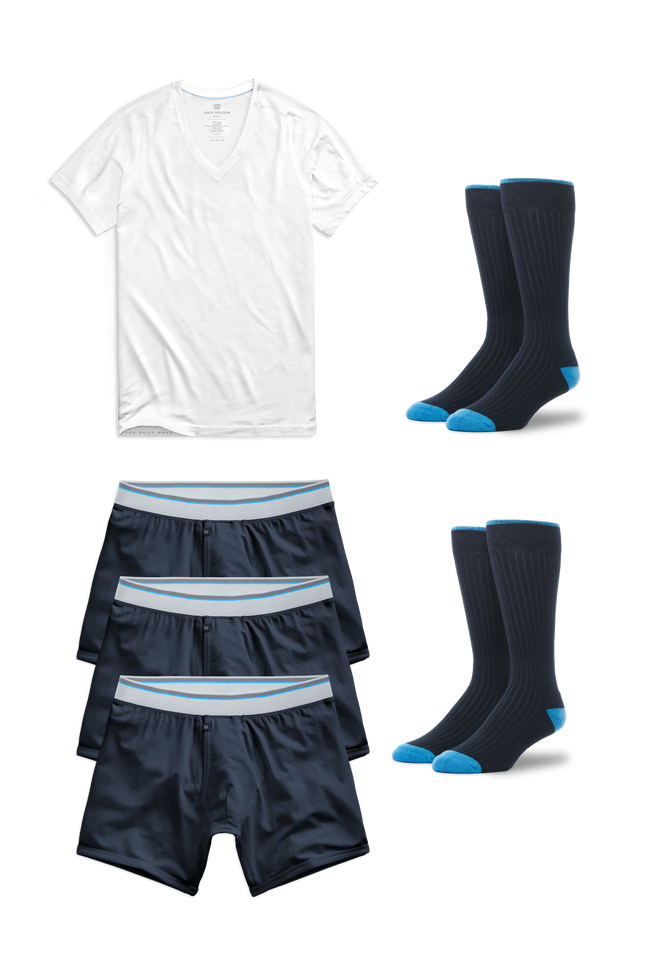 Front laydown of 18-Hour Essentials pack that includes an 18-Hour V-Neck Undershirt, 3 Pairs of 18-Hour Boxer Briefs and 2 Pairs of Everyday Extended Crew Socks 