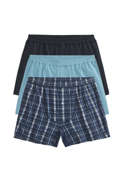 Front view of 3-Pack 18-Hour Jersey Knit Boxers in Blue Traveler