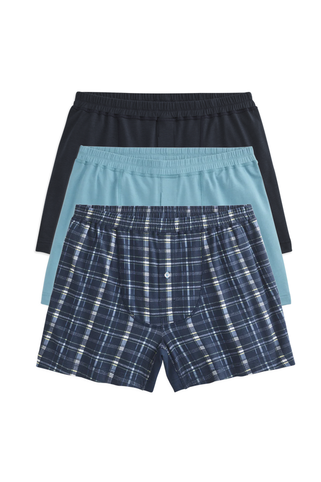 Front view of 3-Pack 18-Hour Jersey Knit Boxers in Blue Traveler