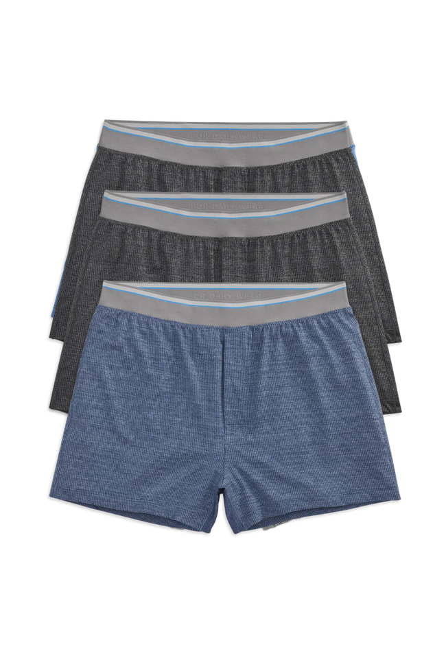 Front view of 3 Pack AIRKNITx Knit Boxers in Charcoal and Indigo 