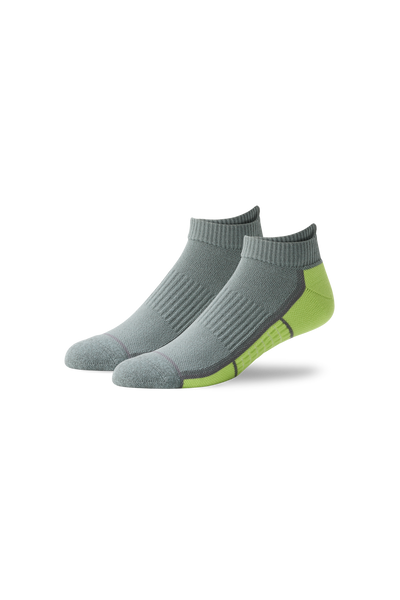Front view of AIRKNITx Ankle Sock in Grey Heather w/ Neon Green