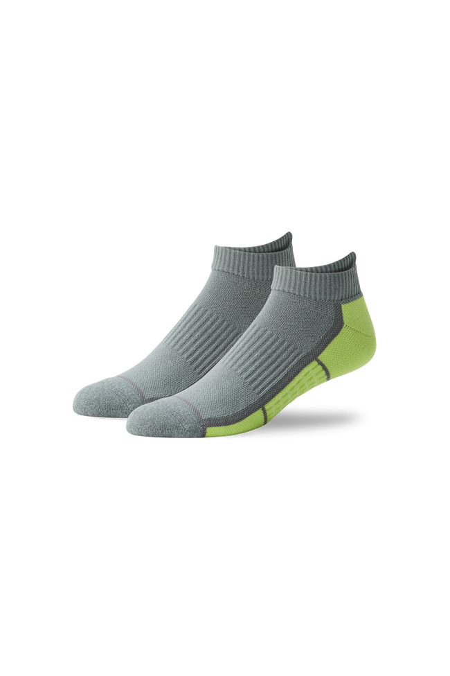Front view of AIRKNITx Ankle Sock in Grey Heather w/ Neon Green