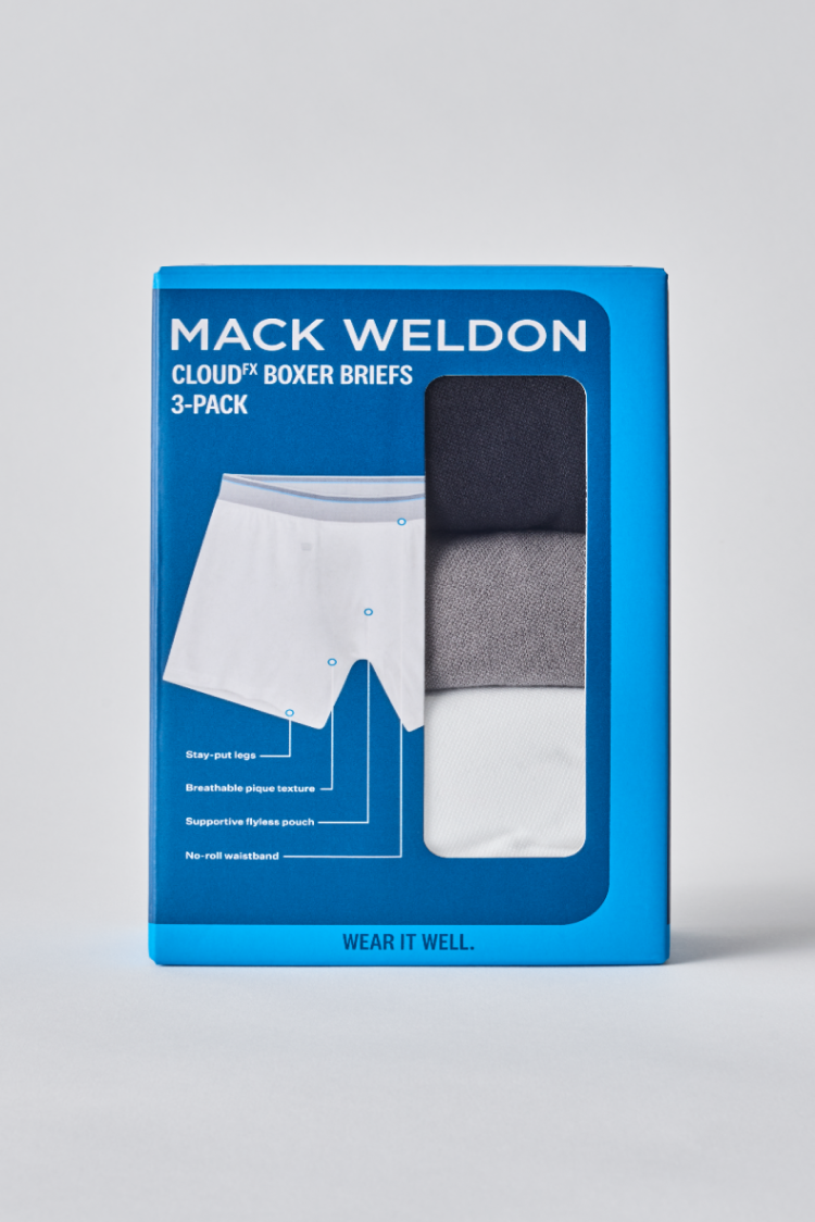 Image of the "MACK WELDON - CLOUDFX BOXER BRIEFS 3-PACK" package with a grey backdrop