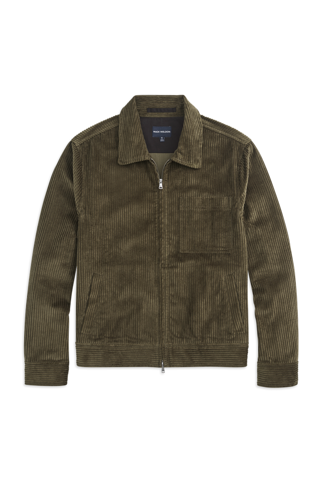 Front view of Corduroy Zip Jacket in Dark Olive