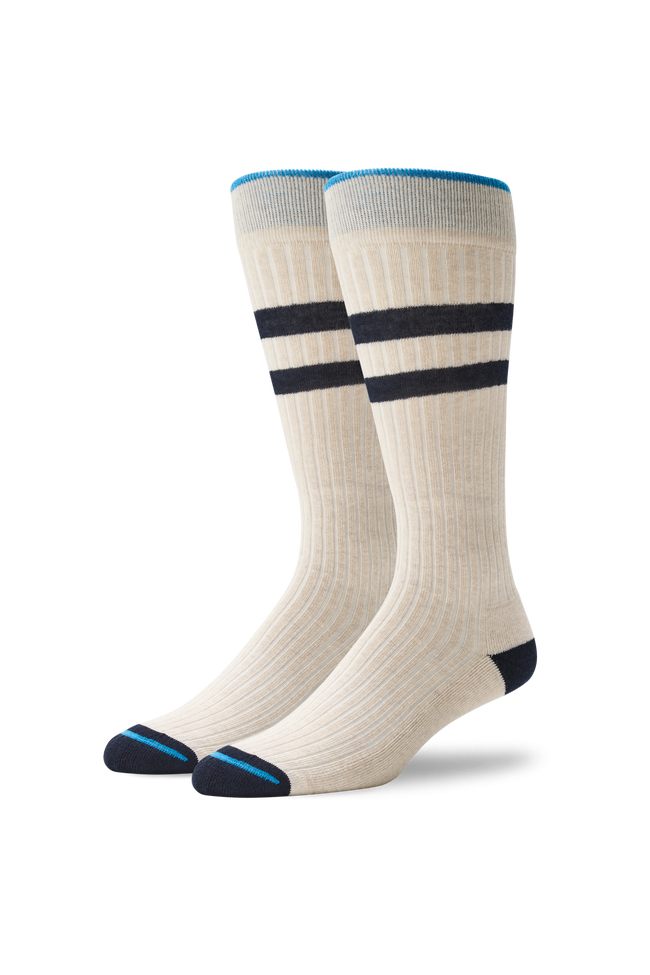 Front view of Everyday Extended Crew Sock in Froth Heather / Night Sky Stripes