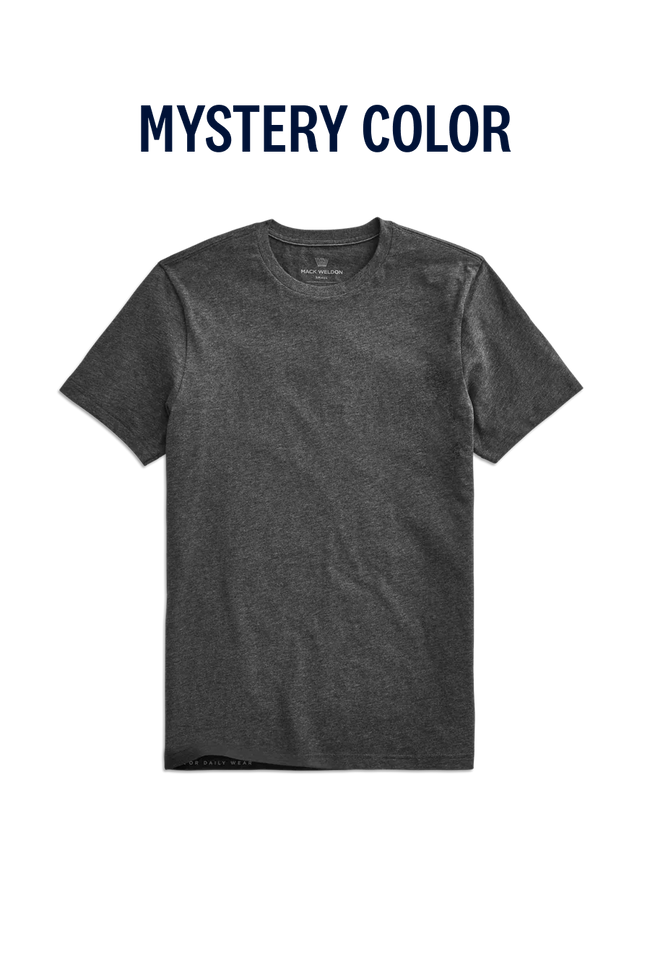 Laydown of a grey'd out Pima Crew Neck T-Shirt with the words Mystery Color above it