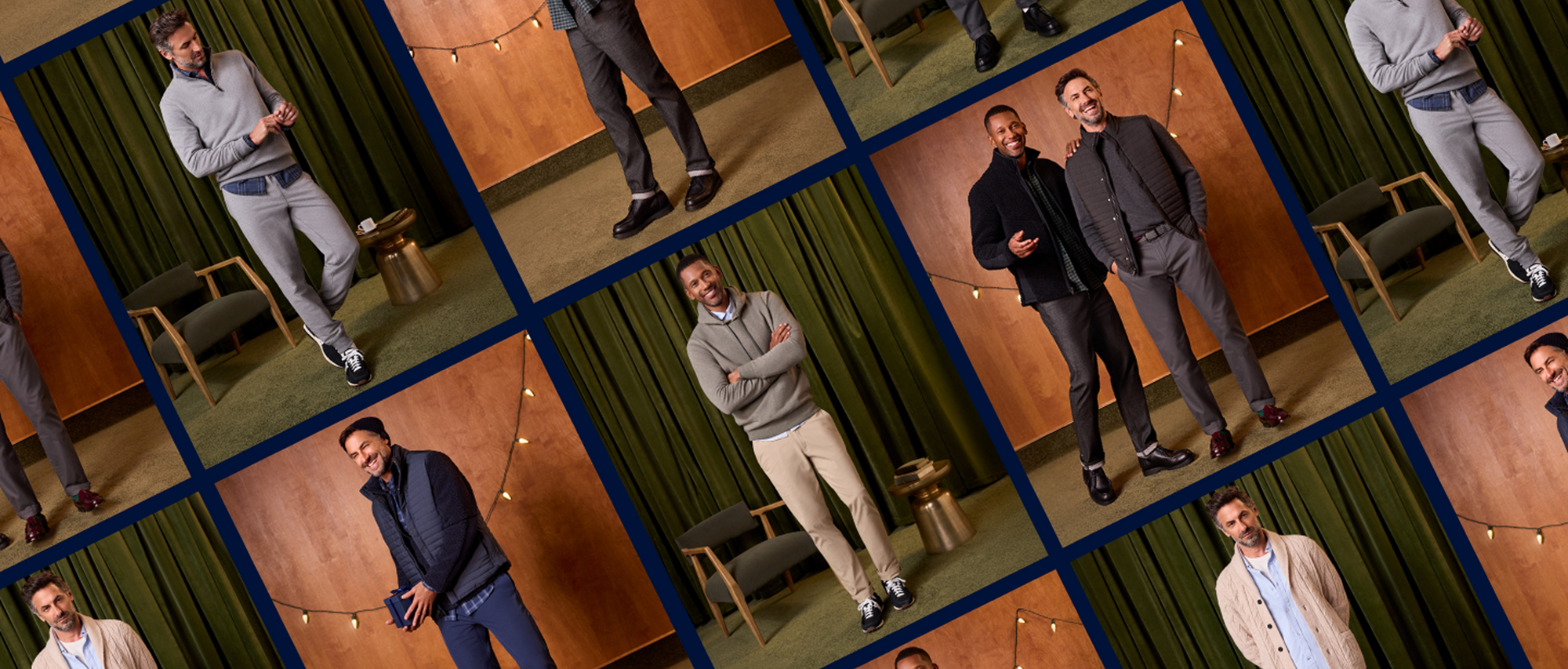 Collage of a man in different outfits in various settings