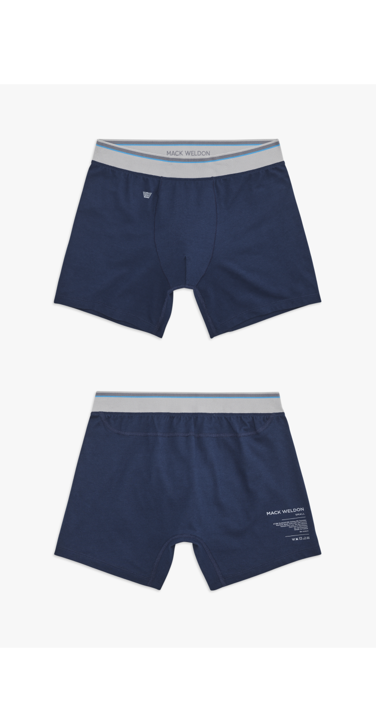 Image of a front and back laydown of navy blue CloudFX boxer briefs