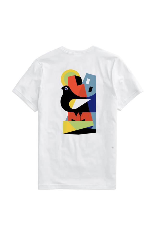 Back view of Mack Weldon x Luca Font T-Shirt with Pigeon design