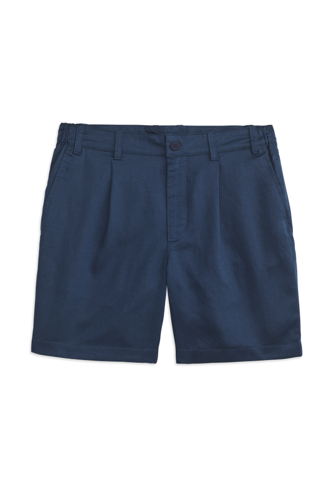 Front view of Tech Linen Pleated Short in Midnight Blue