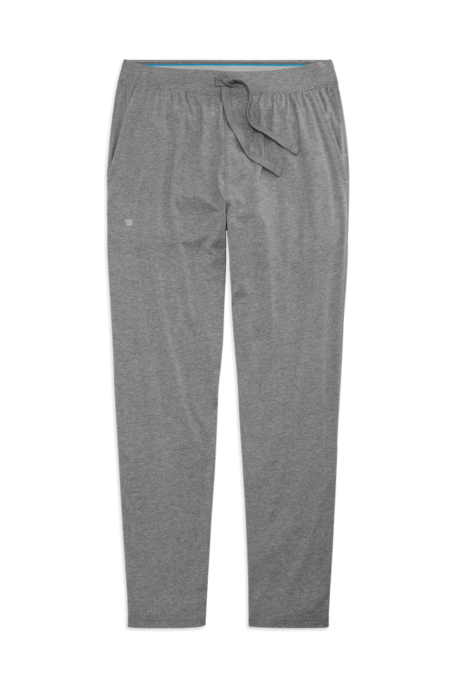 Front view of 18 hour Jersey pant in Medium Grey Heather