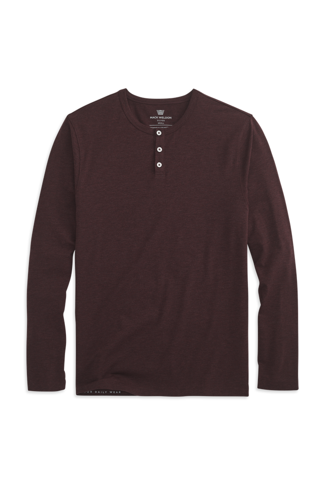 Lambrusco Heather | Front view of Silver Long Sleeve Henley in Lambrusco Heather