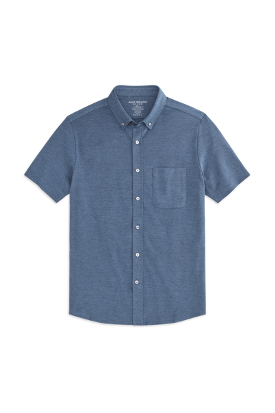 Front view of SILVER Pique Short Sleeve Button Up in Total Eclipse Chambray Oxford