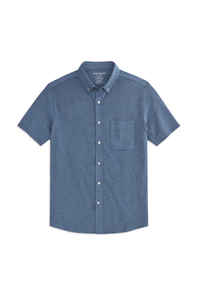 Front view of SILVER Pique Short Sleeve Button Up in Total Eclipse Chambray Oxford