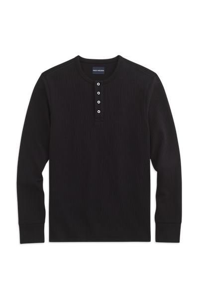 Front view of WARMKNIT  Waffle Henley in True Black