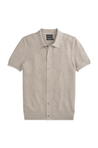 Front view of Tech Linen Button Up Sweater Polo in the color Nomad Heather