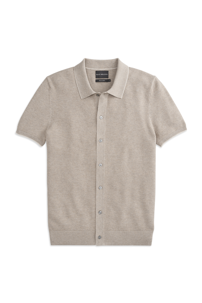 Front view of Tech Linen Button Up Sweater Polo in the color Nomad Heather