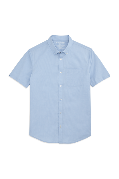 Front view of 24/7 Poplin Short Sleeve Shirt in Chambray Crosshatch