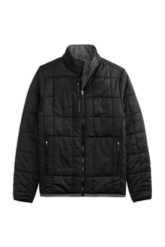 Charcoal Heather True Black | Back view of WARMKNIT 2-Way Puffer Jacket in Charcoal Heather True Black - True Black on outside
